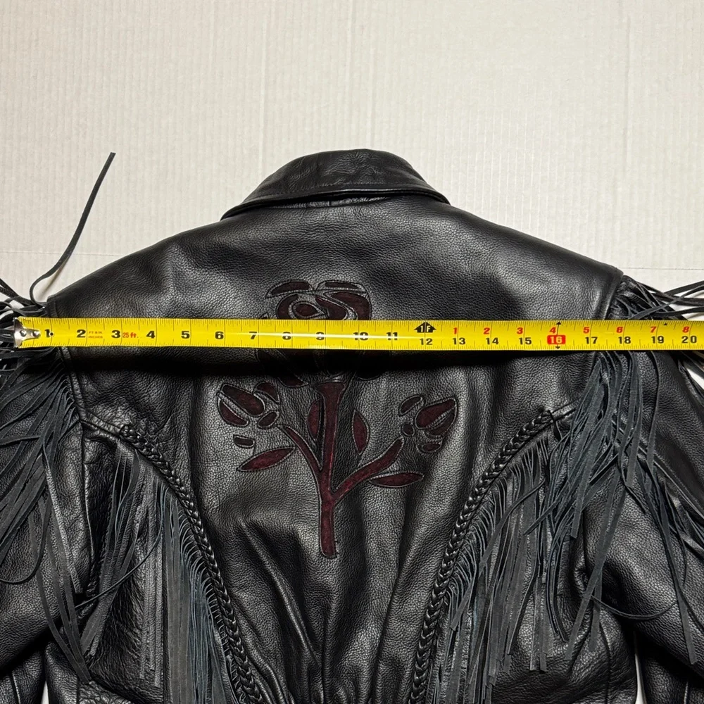 Rose Suede Inlay Black Leather Fringe Braided Moto Biker Jacket High Quality M/L - Picture 16 of 16